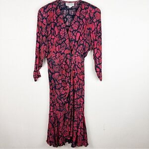 Vintage Red 80s Midi Beaded Long Sleeve Wiggle Dress Abstract
